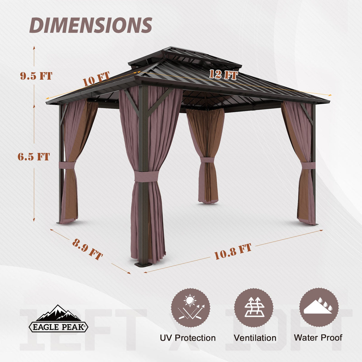 10x12 Hardtop Gazebo, Galvanized Steel Double Roof with Aluminum Frame - Eagle Peak Custom Canopy Tent