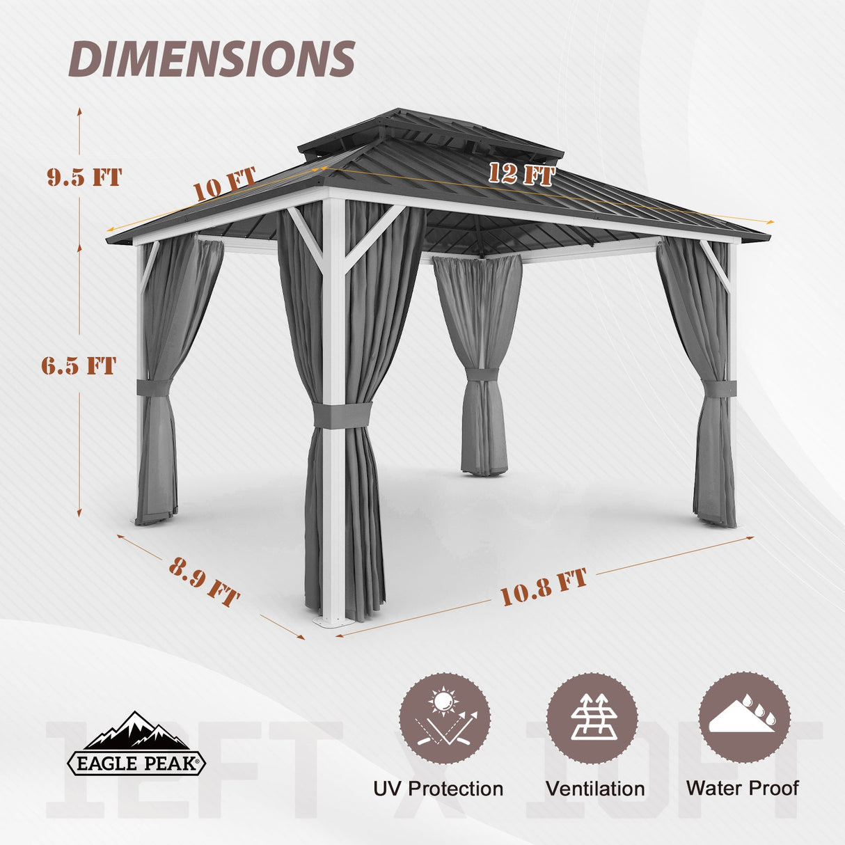 10x12 Hardtop Gazebo, Galvanized Steel Double Roof with Aluminum Frame - Eagle Peak Custom Canopy Tent