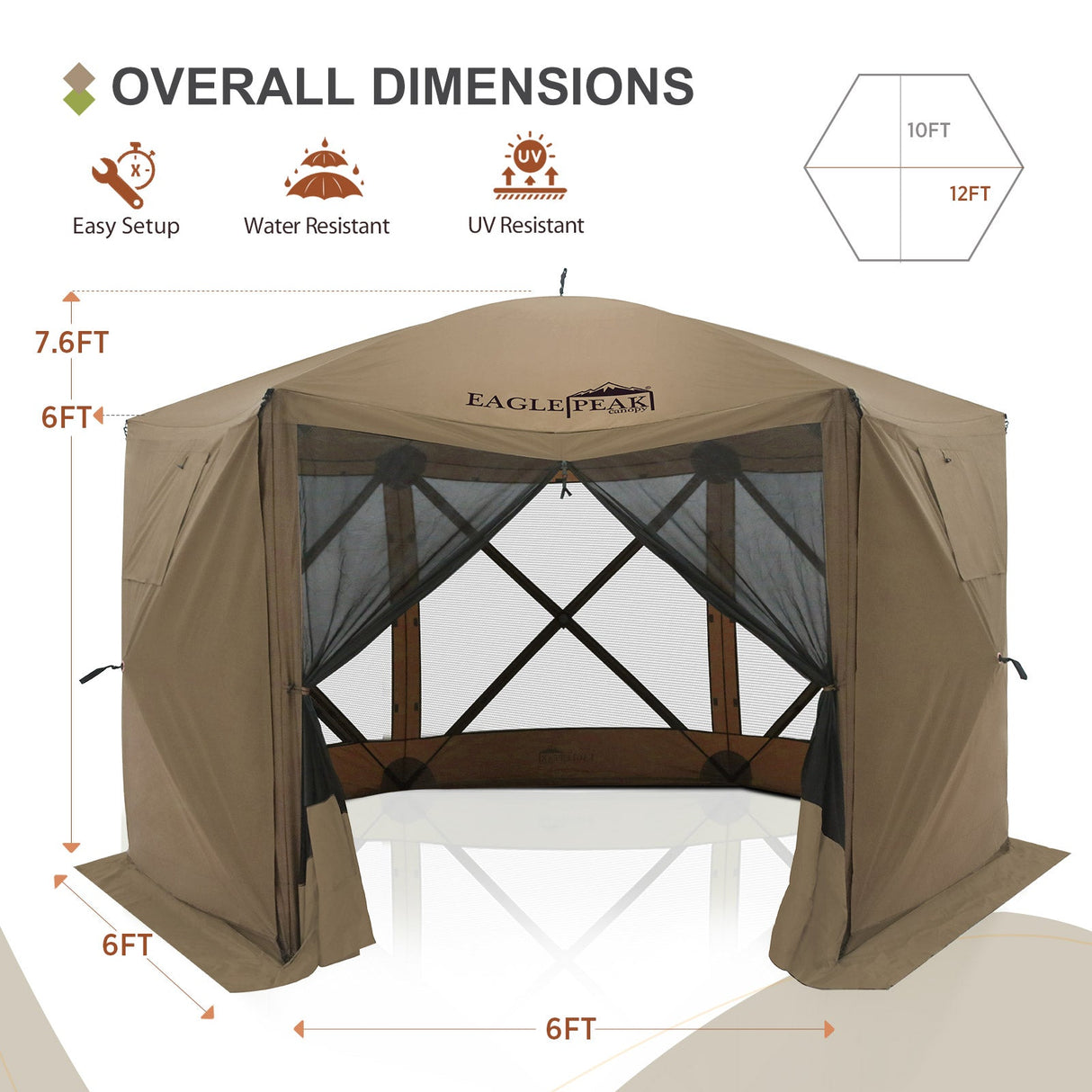 12x12 ft Portable Quick Pop Up Canopy Tent with 2 Wall Panels, 6 Sided Instant Gazebo - Eagle Peak Custom Canopy Tent