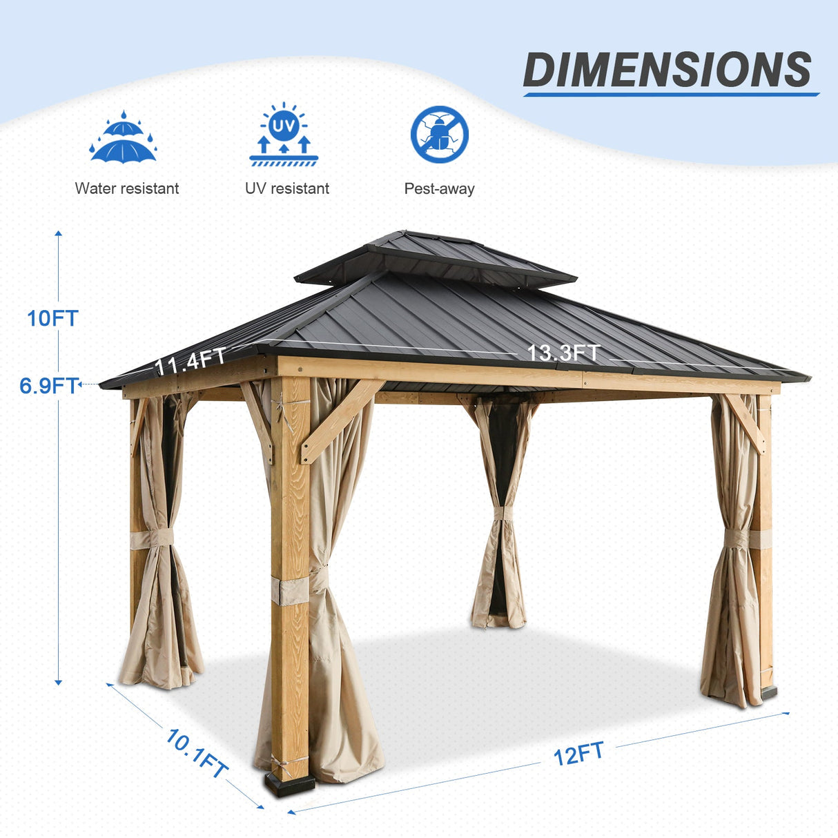 13x11 Cedar Wood Gazebo Hardtop Double Roof with Netting and Curtains - Eagle Peak Custom Canopy Tent