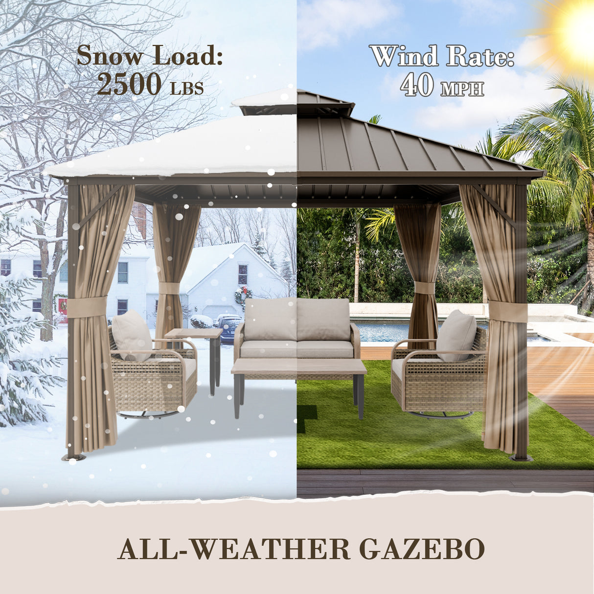 12x12 Hardtop Gazebo, Galvanized Steel Double Roof with Aluminum Frame