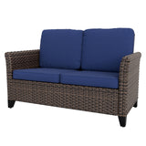 Ocean Vista Outdoor Wicker Patio Sofa Deep Cushions Rattan Loveseat, Beige/Blue