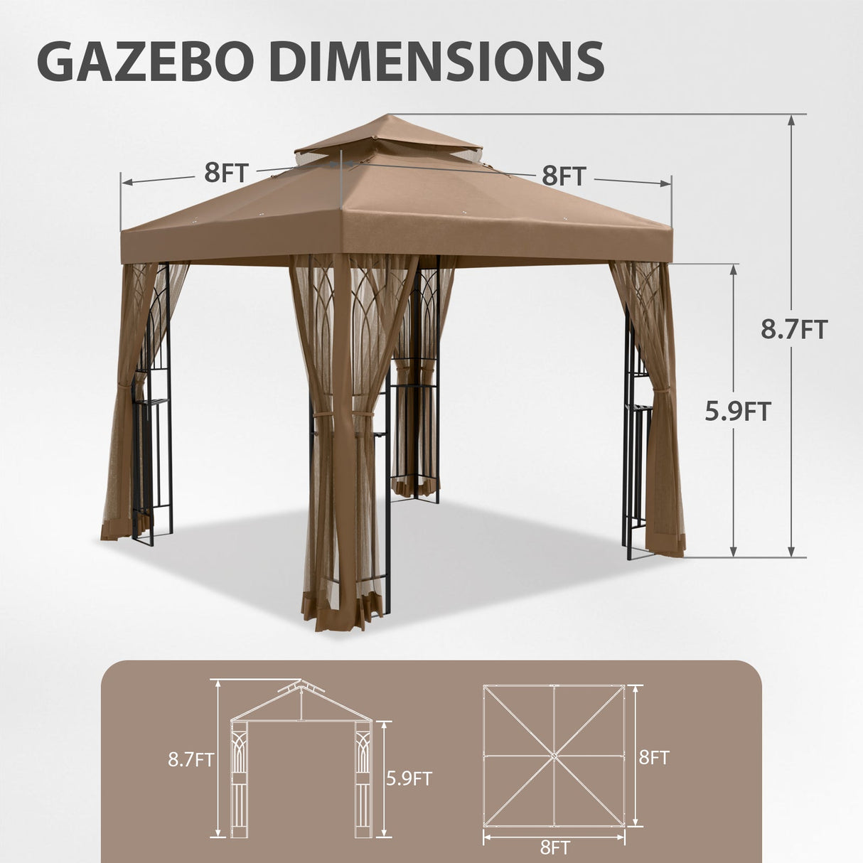 8x8 Patio Double Roof Gazebo with Mesh Netting, Corner Shelves - Eagle Peak Custom Canopy Tent