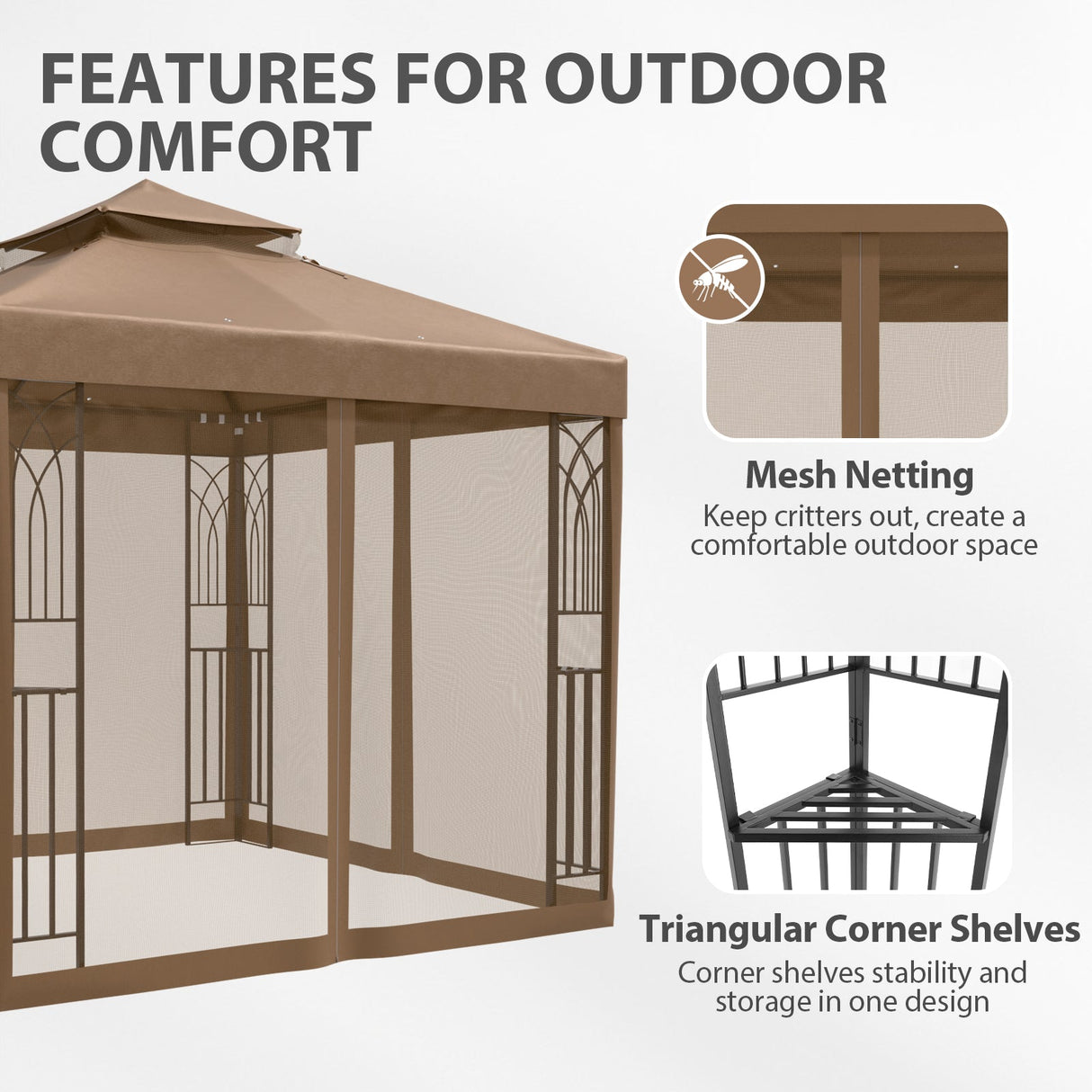 8x8 Patio Double Roof Gazebo with Mesh Netting, Corner Shelves - Eagle Peak Custom Canopy Tent