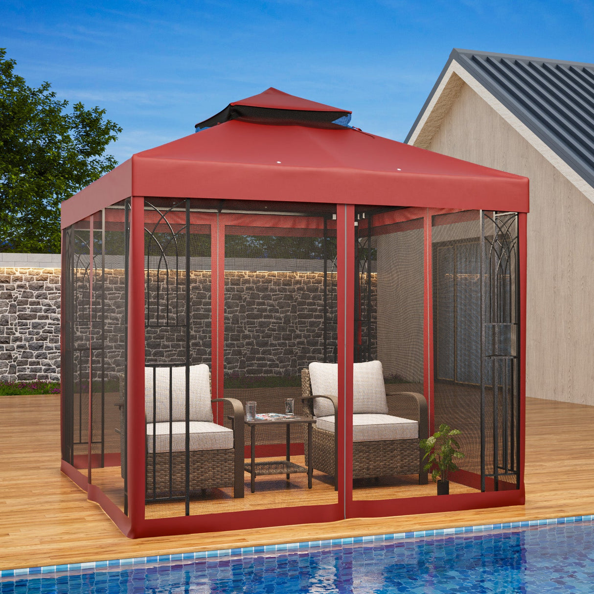 8x8 Patio Double Roof Gazebo with Mesh Netting, Corner Shelves - Eagle Peak Custom Canopy Tent