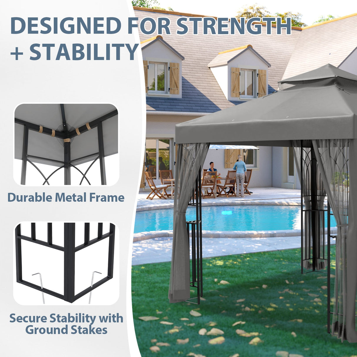 8x8 Patio Double Roof Gazebo with Mesh Netting, Corner Shelves - Eagle Peak Custom Canopy Tent