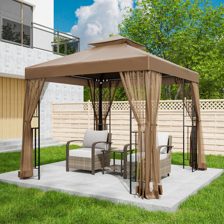 8x8 Patio Double Roof Gazebo with Mesh Netting, Corner Shelves - Eagle Peak Custom Canopy Tent