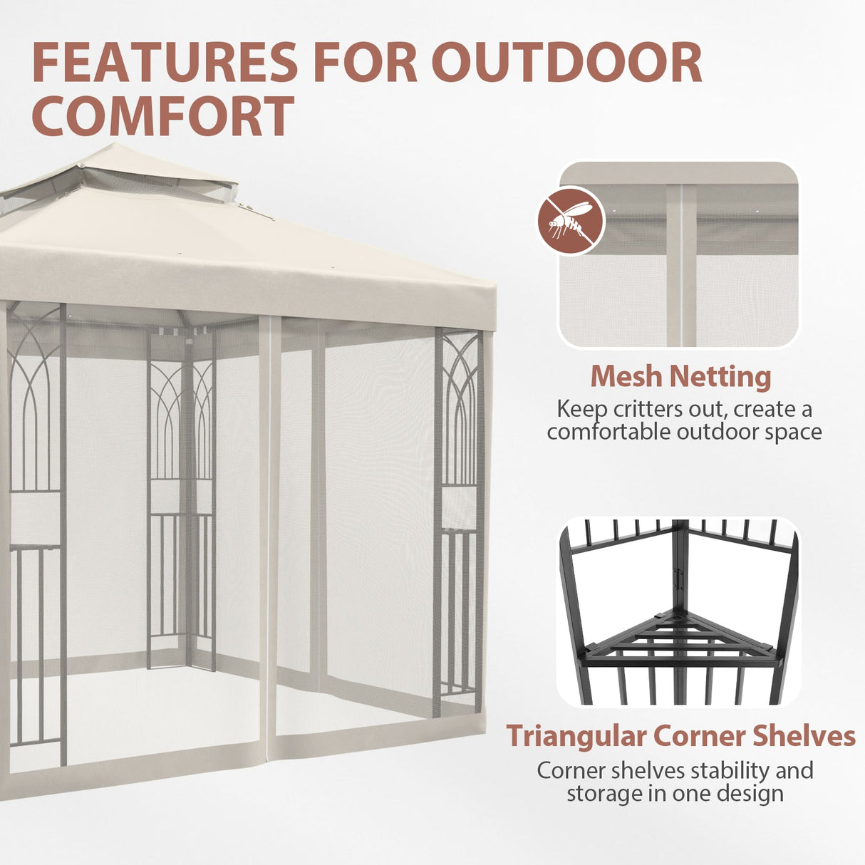 8x8 Patio Double Roof Gazebo with Mesh Netting, Corner Shelves - Eagle Peak Custom Canopy Tent