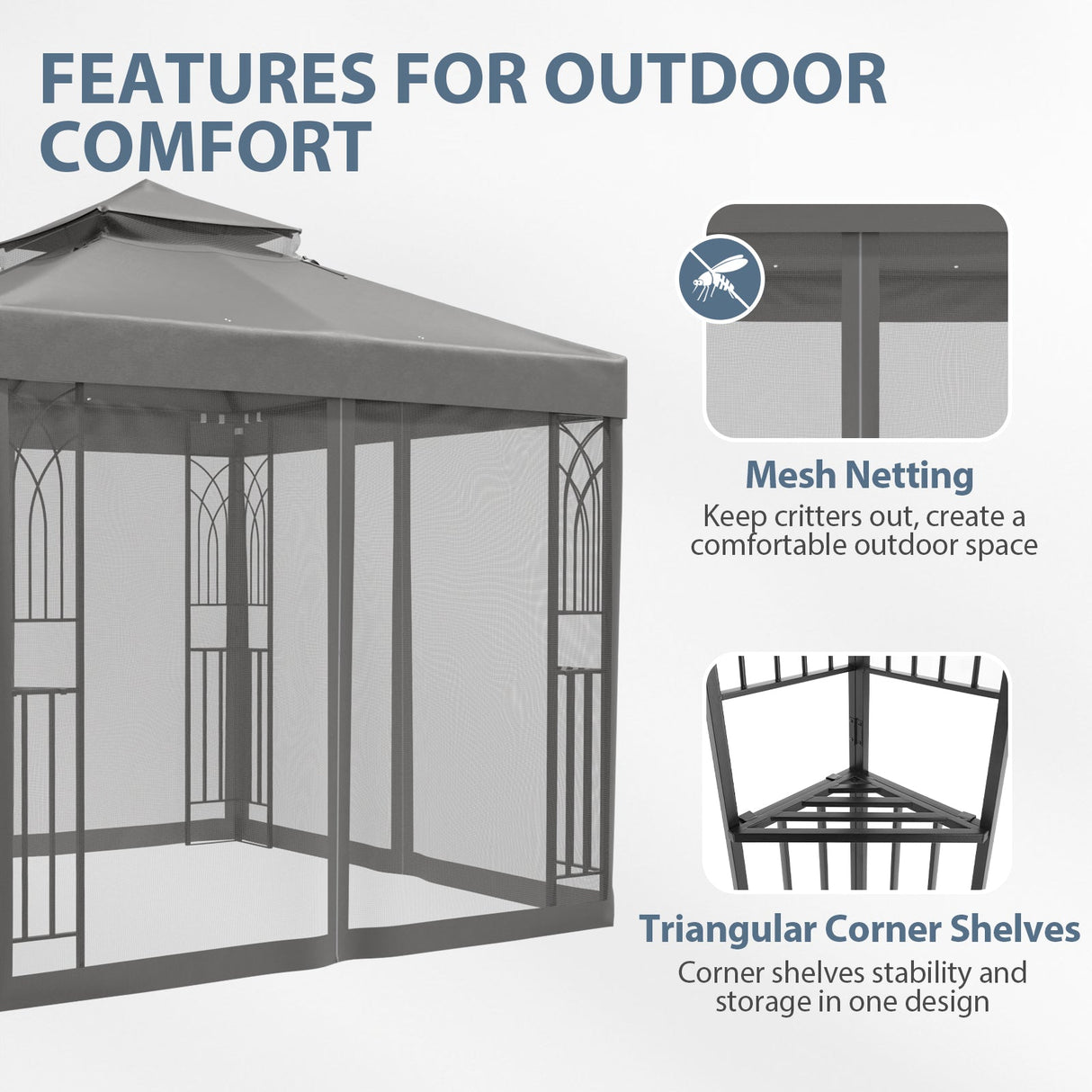 8x8 Patio Double Roof Gazebo with Mesh Netting, Corner Shelves - Eagle Peak Custom Canopy Tent