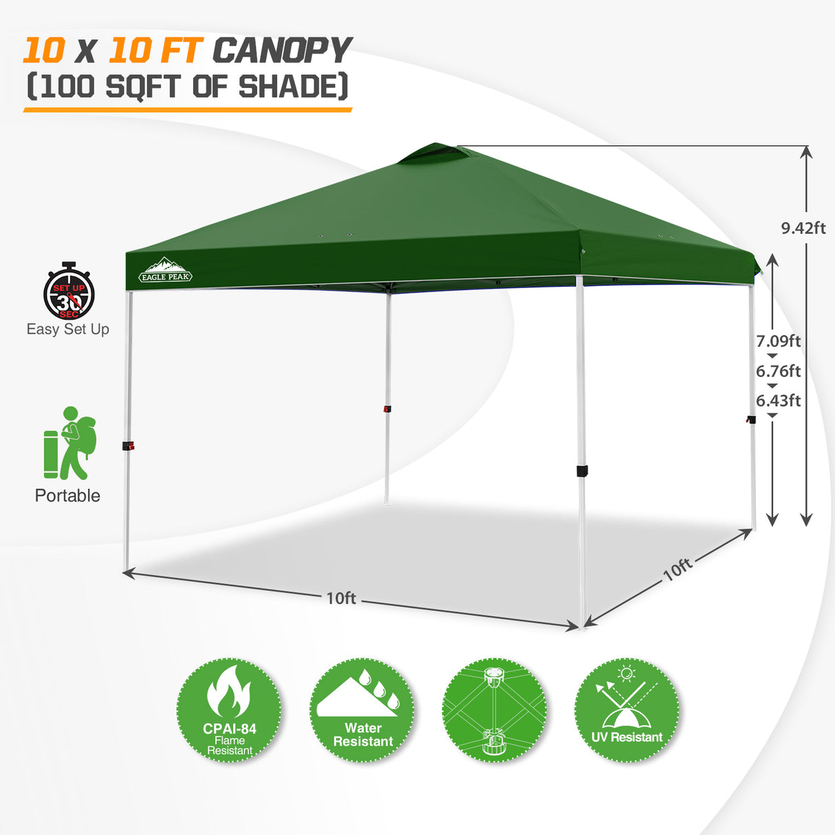 Easy Setup Straight Leg 10x10 Pop Up Canopy Tent w/ 100 sqft of Shade