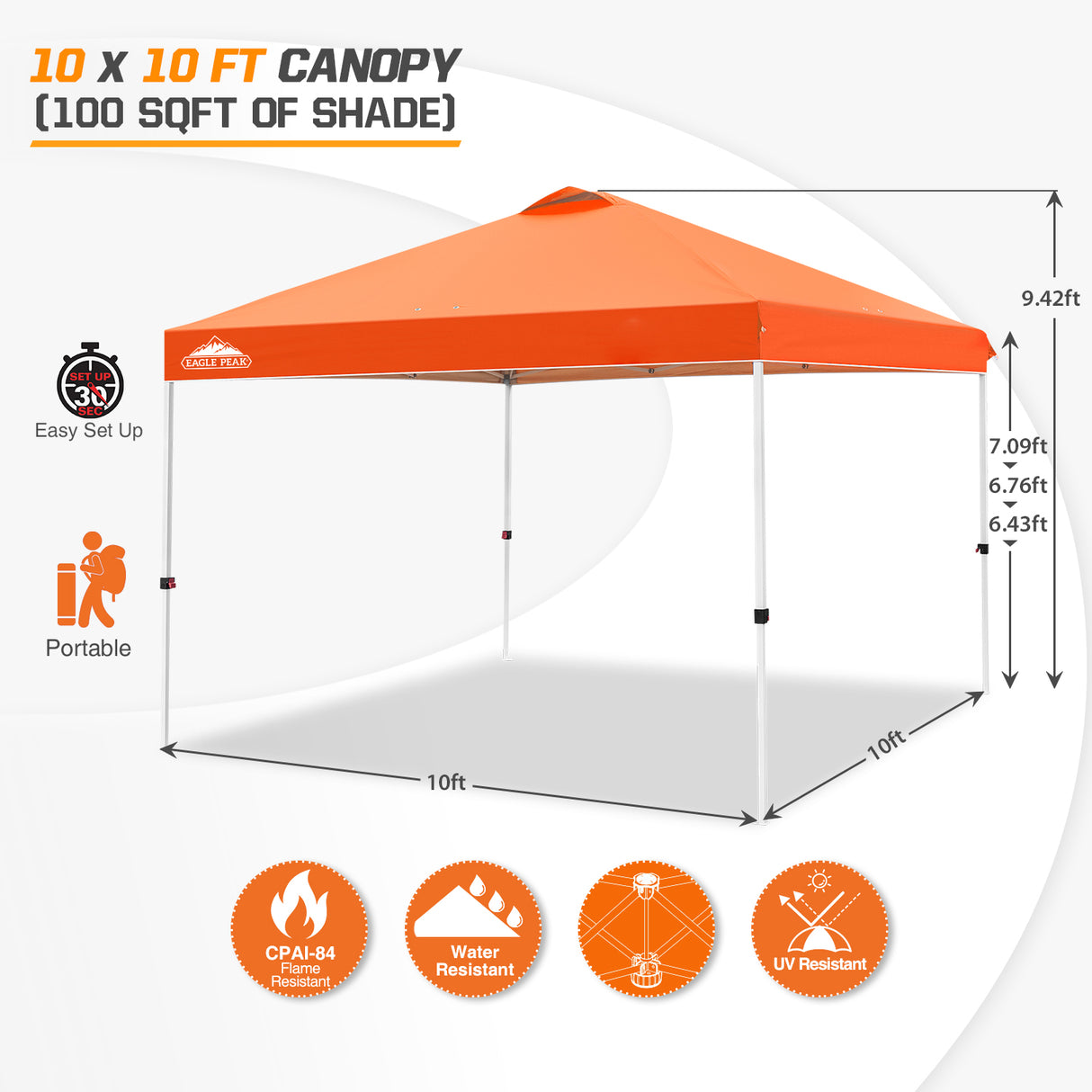 Easy Setup Straight Leg 10x10 Pop Up Canopy Tent w/ 100 sqft of Shade