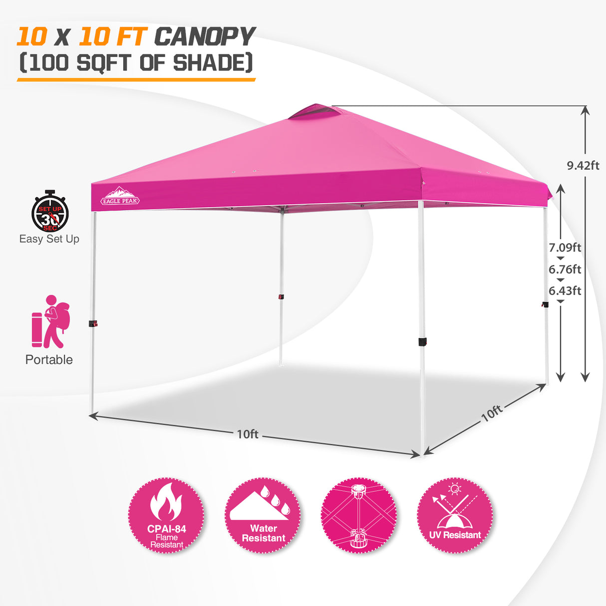 Easy Setup Straight Leg 10x10 Pop Up Canopy Tent w/ 100 sqft of Shade