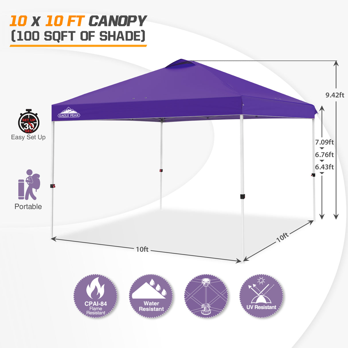 Easy Setup Straight Leg 10x10 Pop Up Canopy Tent w/ 100 sqft of Shade