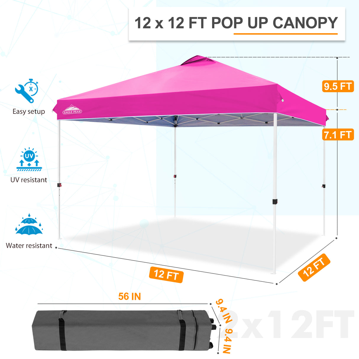 Pop Up Canopy Tent with Wheeled Carry Bag, 8 Stakes, 4 Ropes, 4 Weight Bags, 12x12 ft - Eagle Peak Custom Canopy Tent