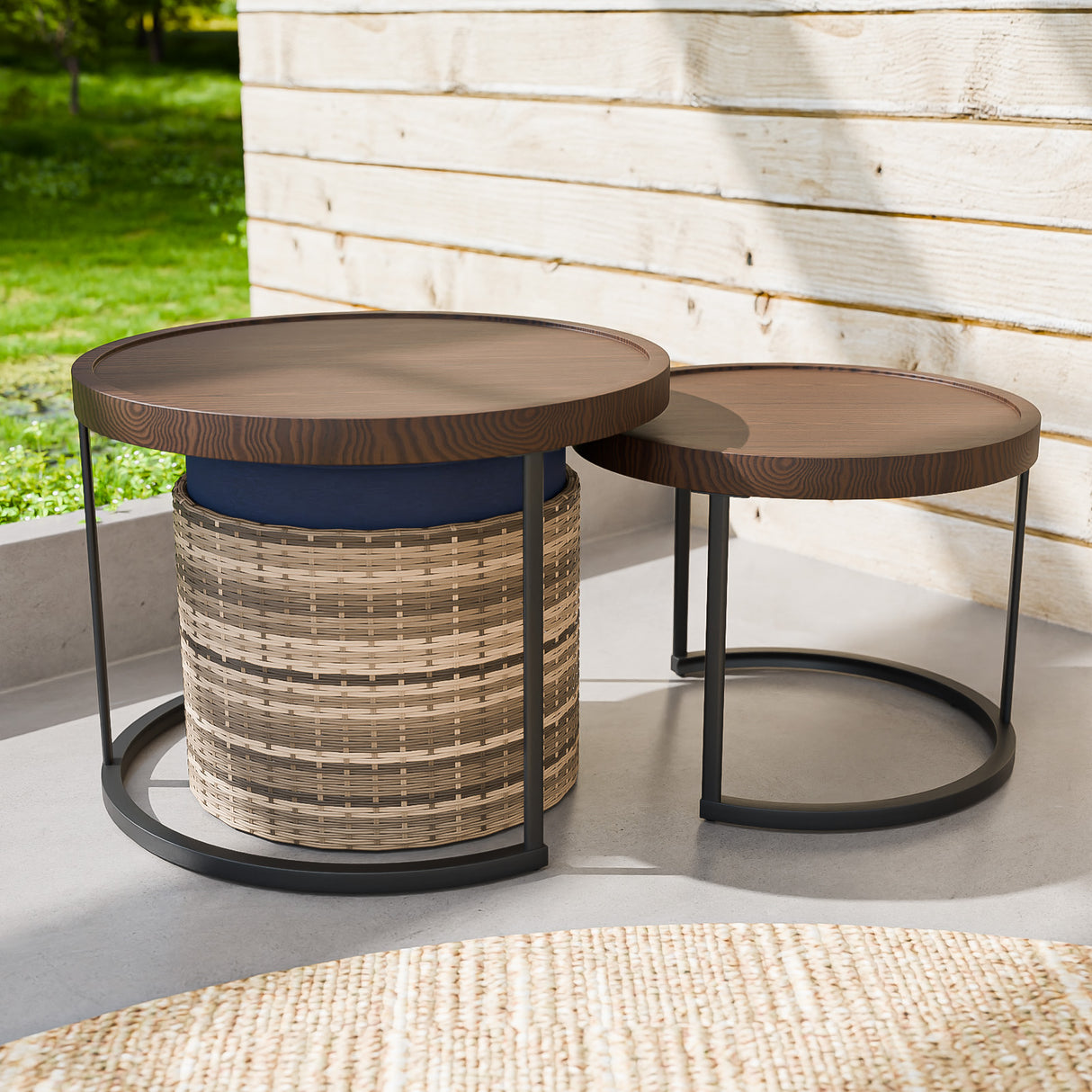 Sunset Dune Outdoor Patio Furniture, Set of 2 Nesting Coffee Tables 1 Ottoman