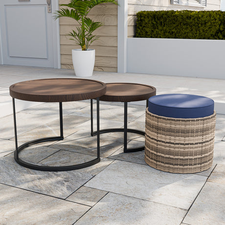 Sunset Dune Outdoor Patio Furniture, Set of 2 Nesting Coffee Tables 1 Ottoman