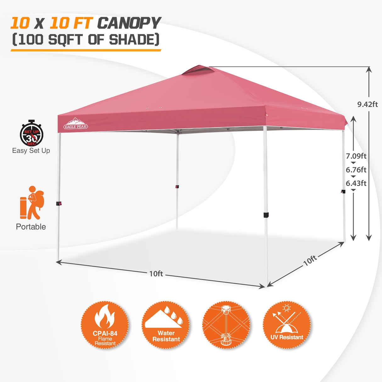 Easy Setup Straight Leg 10x10 Pop Up Canopy Tent w/ 100 sqft of Shade