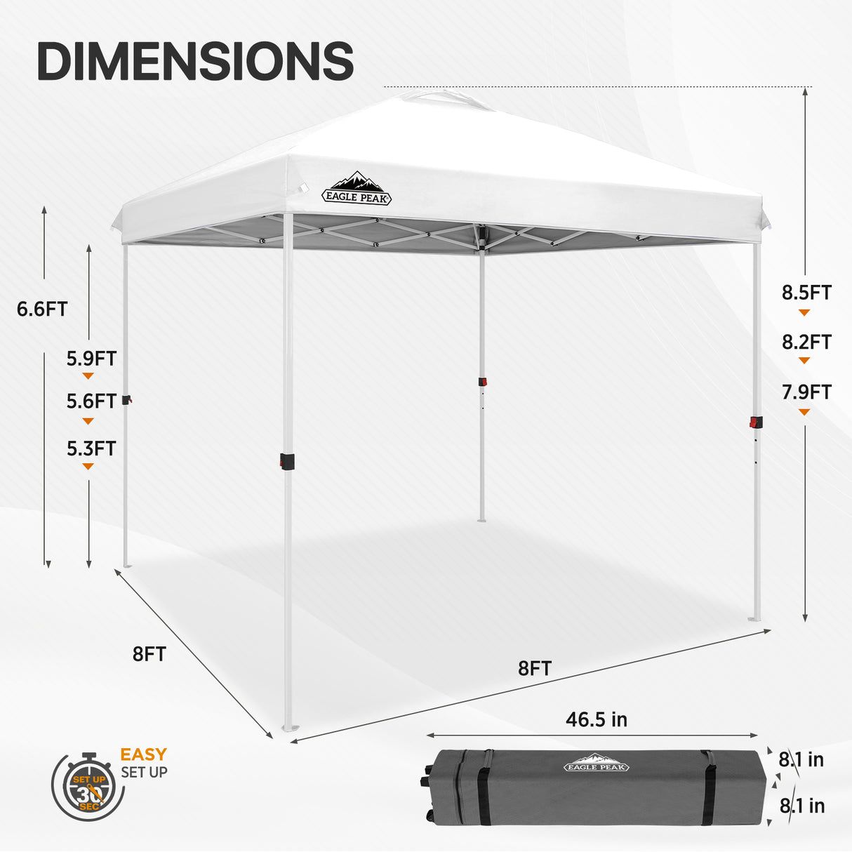 8x8 Pop Up Straight Leg Canopy with Wheeled Bag - Eagle Peak Custom Canopy Tent