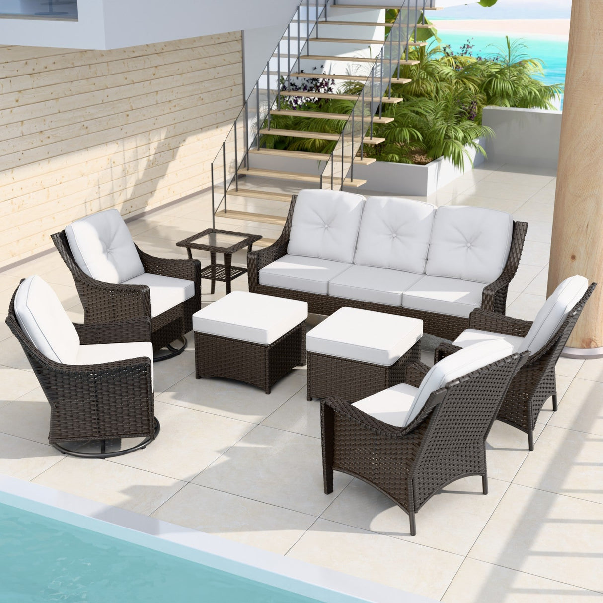 Azure Bay Wicker Outdoor Patio Furniture Set w/ Swivel Chairs, 8 Pieces - Eagle Peak Custom Canopy Tent