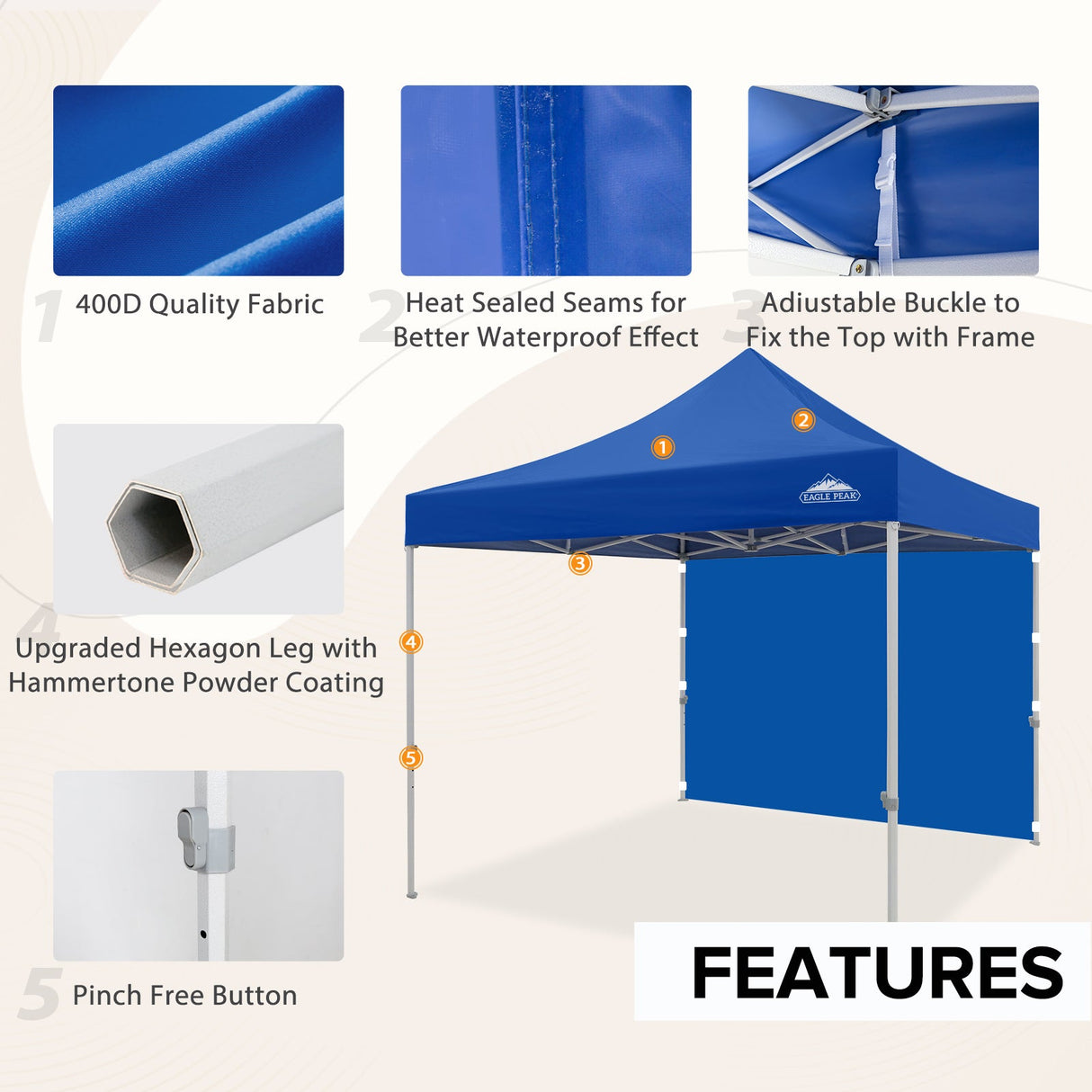 EAGLE PEAK 10x10 Heavy Duty Pop up Commercial Canopy Tent with One Removable Sidewall, Roller Bag, 4 Sandbags, White - Eagle Peak Canopy and Outdoor Products