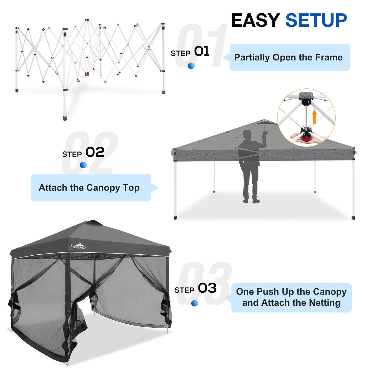 EAGLE PEAK 10x10 Outdoor Easy Pop up Canopy with Netting, Instant Screen Party Tent with Mesh Side Walls, Gray/Beige/American Flag - Eagle Peak Custom Canopy Tent