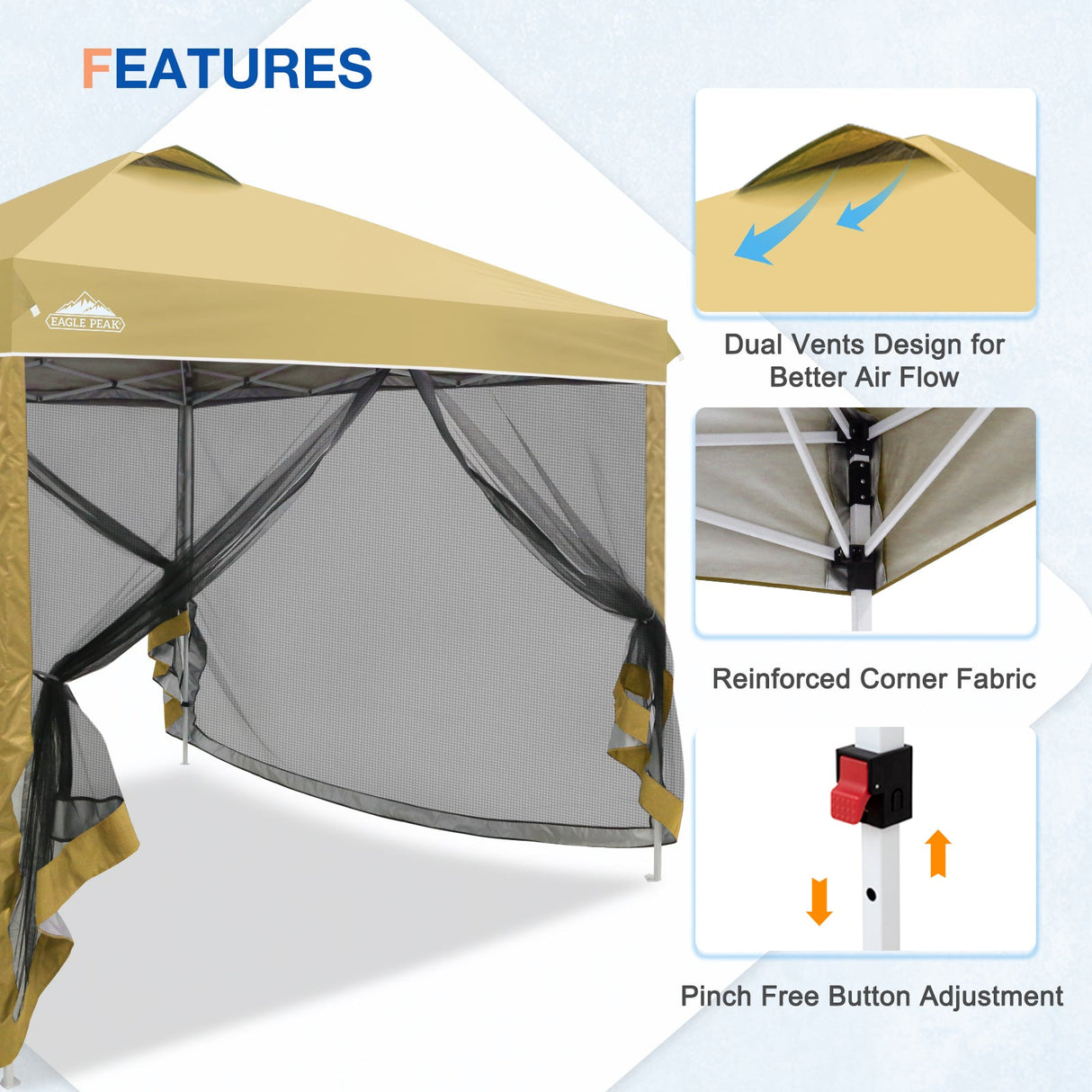 EAGLE PEAK 10x10 Outdoor Easy Pop up Canopy with Netting, Instant Screen Party Tent with Mesh Side Walls, Gray/Beige/American Flag - Eagle Peak Custom Canopy Tent