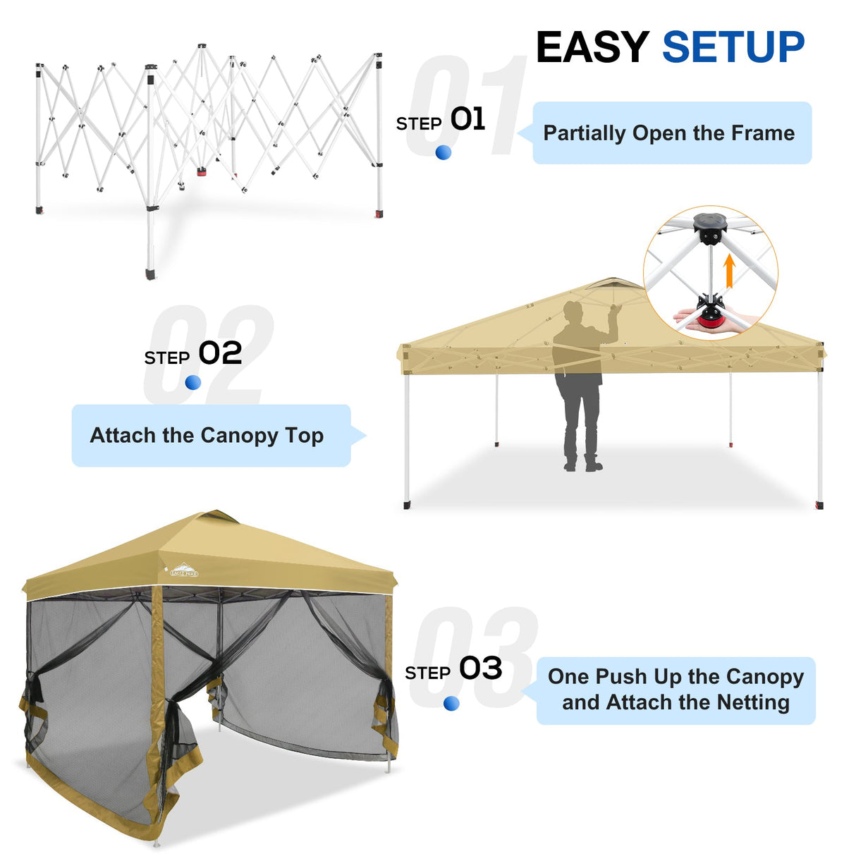 EAGLE PEAK 10x10 Outdoor Easy Pop up Canopy with Netting, Instant Screen Party Tent with Mesh Side Walls, Gray/Beige/American Flag - Eagle Peak Custom Canopy Tent