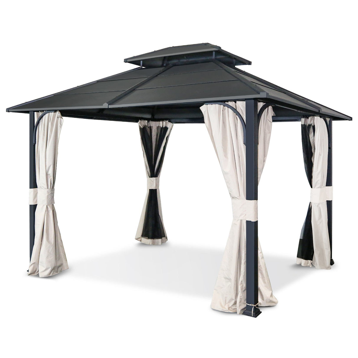 EAGLE PEAK 10x12 Outdoor Permanent Double Roof Hardtop Gazebo with Arched Corner Steel Frame, Mosquito Mesh Netting and Light Beige Privacy Curtains, Backyard Patio Garden Gazebo Pavilion, Black - Eagle Peak Canopy and Outdoor Products