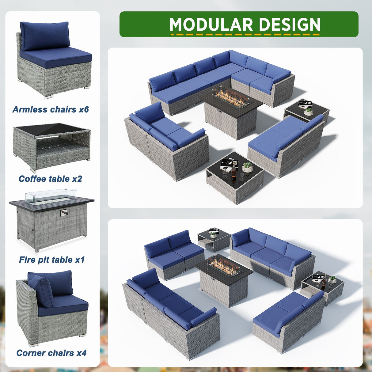 EAGLE PEAK 13 Piece Outdoor Wicker Patio Furniture Set with Fire Table and 2 Coffee Tables, PE Rattan Sectional Conversation Sofa Set with Seating for 10 People - Eagle Peak Canopy and Outdoor Products