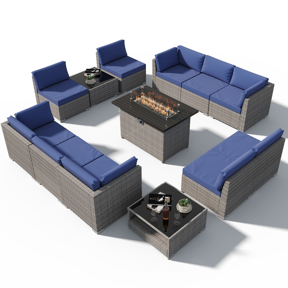 EAGLE PEAK 13 Piece Outdoor Wicker Patio Furniture Set with Fire Table and 2 Coffee Tables, PE Rattan Sectional Conversation Sofa Set with Seating for 10 People - Eagle Peak Canopy and Outdoor Products