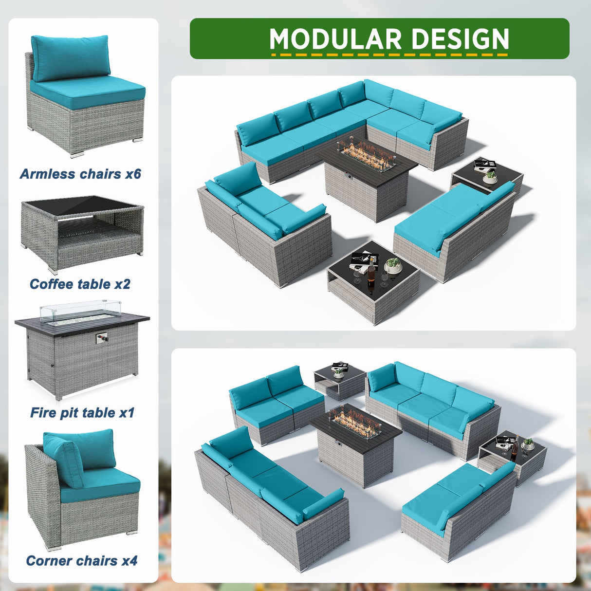 EAGLE PEAK 13 Piece Outdoor Wicker Patio Furniture Set with Fire Table and 2 Coffee Tables, PE Rattan Sectional Conversation Sofa Set with Seating for 10 People - Eagle Peak Canopy and Outdoor Products