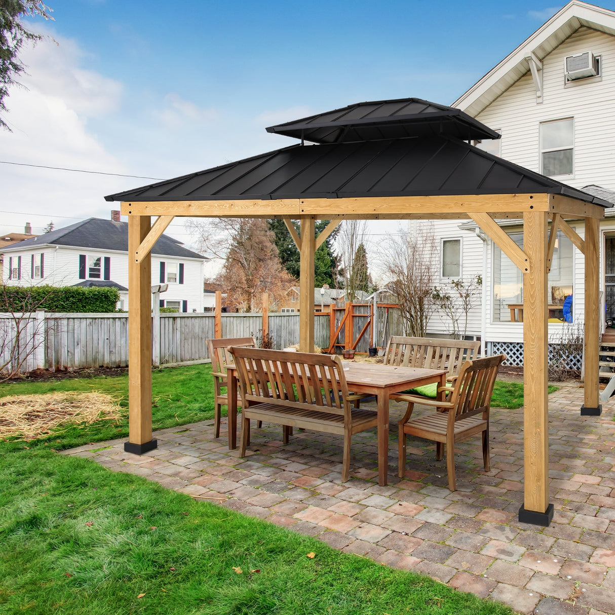 EAGLE PEAK 13x11 Outdoor Cedar Framed Hardtop Gazebo, Galvanized Steel Double Roof Gazebo Canopy for Garden, Patio, Lawn and Party, Black - Eagle Peak Canopy and Outdoor Products