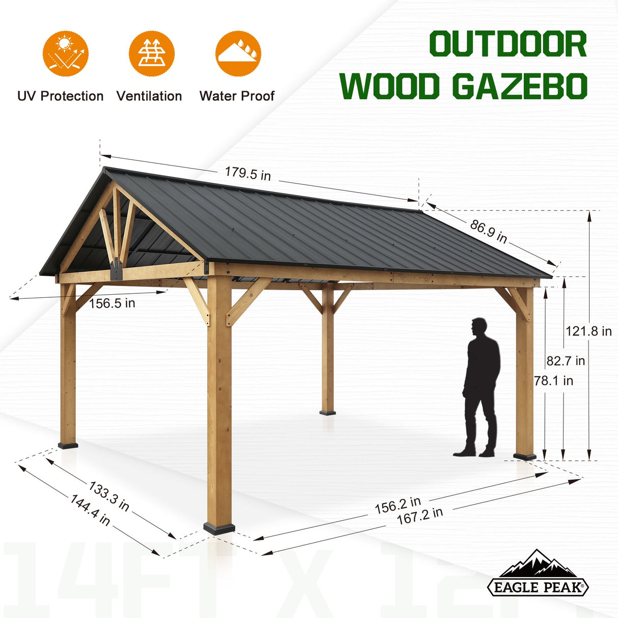 EAGLE PEAK 13x15 Hardtop Wood Gazebo,Natural Wood/Black - Eagle Peak Canopy and Outdoor Products