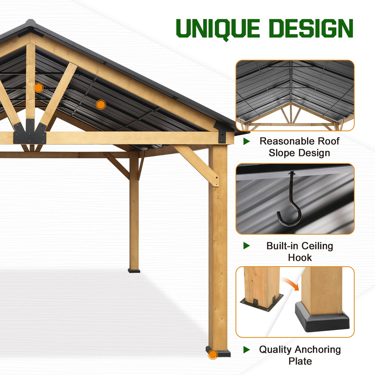 EAGLE PEAK 13x15 Hardtop Wood Gazebo,Natural Wood/Black - Eagle Peak Canopy and Outdoor Products