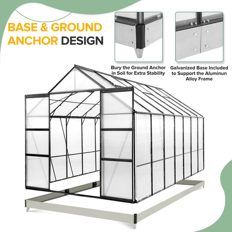 EAGLE PEAK 14x8x8 Outdoor Walk - in Hobby Greenhouse with Adjustable Roof Vent and Rain Gutter, Base and Anchor, Polycarbonate Aluminum Green House for Backyard Garden, Gray - Eagle Peak Canopy and Outdoor Products