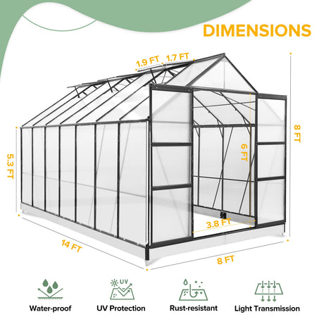 EAGLE PEAK 14x8x8 Outdoor Walk - in Hobby Greenhouse with Adjustable Roof Vent and Rain Gutter, Base and Anchor, Polycarbonate Aluminum Green House for Backyard Garden, Gray - Eagle Peak Canopy and Outdoor Products