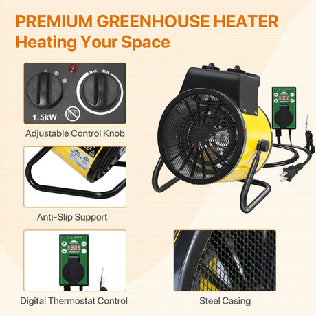 EAGLE PEAK 1500W Outdoor Heater with Thermostat, Greenhouse Heater for Greenhouse, Grow Tent, Garage, and RV Use, Yellow - Eagle Peak Canopy and Outdoor Products