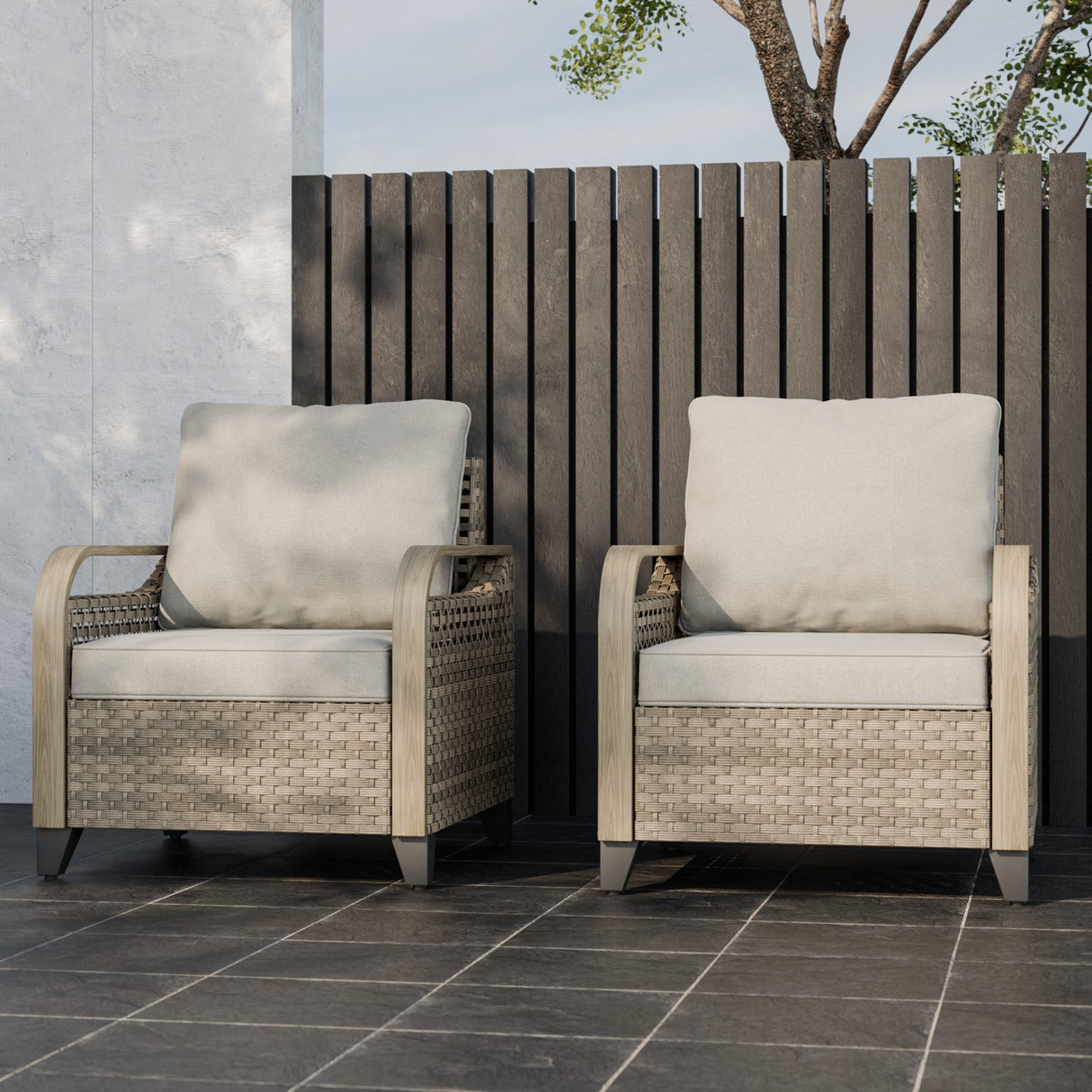 EAGLE PEAK 2 Piece Wicker Outdoor Chairs with Cushions, Patio Chairs, Deep Seating 4 inch Cushions, PE Rattan Curved Armrest Porch Chair, Brown/Gray - Eagle Peak Canopy and Outdoor Products