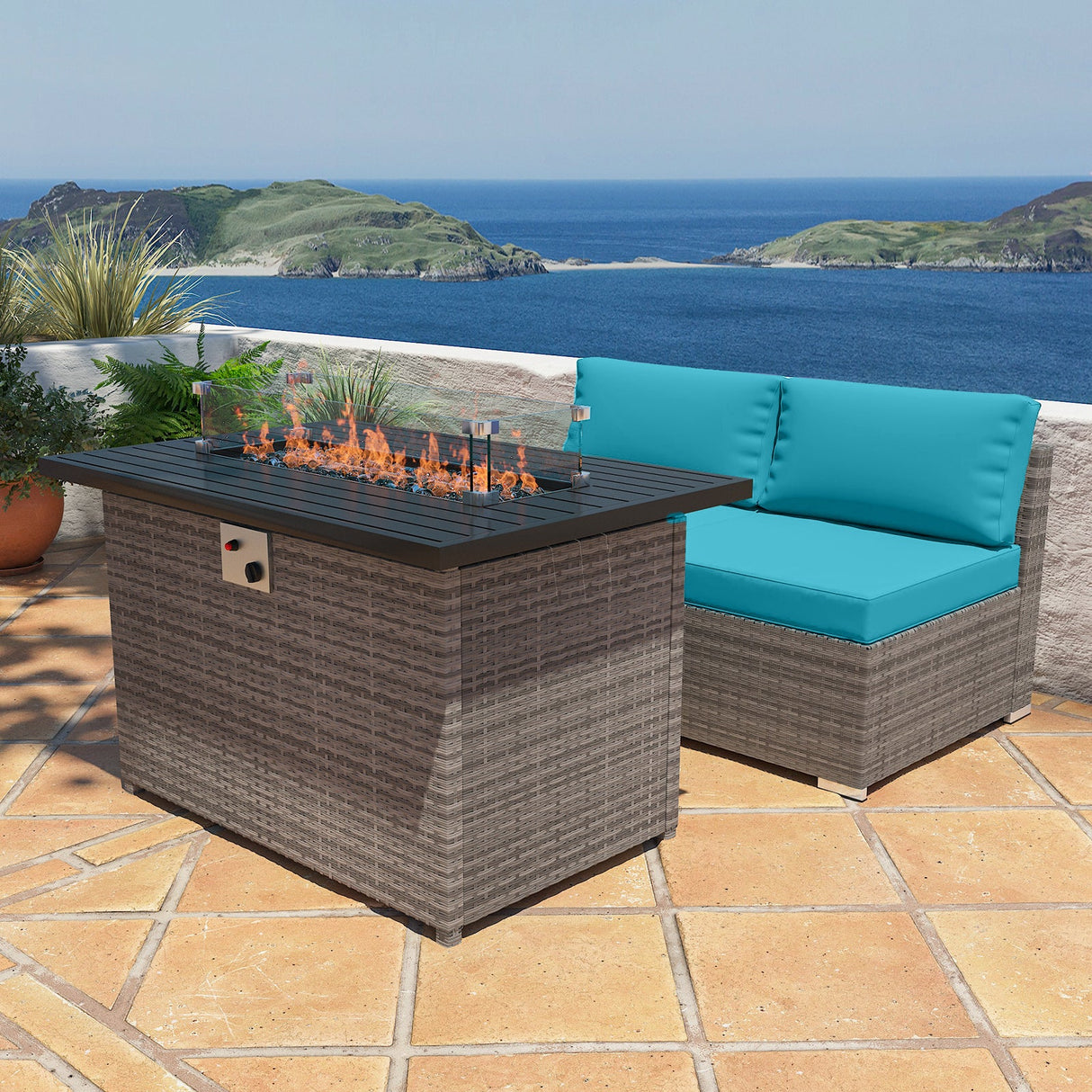 EAGLE PEAK 3 Piece Outdoor Armless Wicker Sofa Set, Outdoor Patio Armless Chairs with Removable Cushions and Fire Table, Sectional Wicker Loveseat Sofa - Eagle Peak Canopy and Outdoor Products