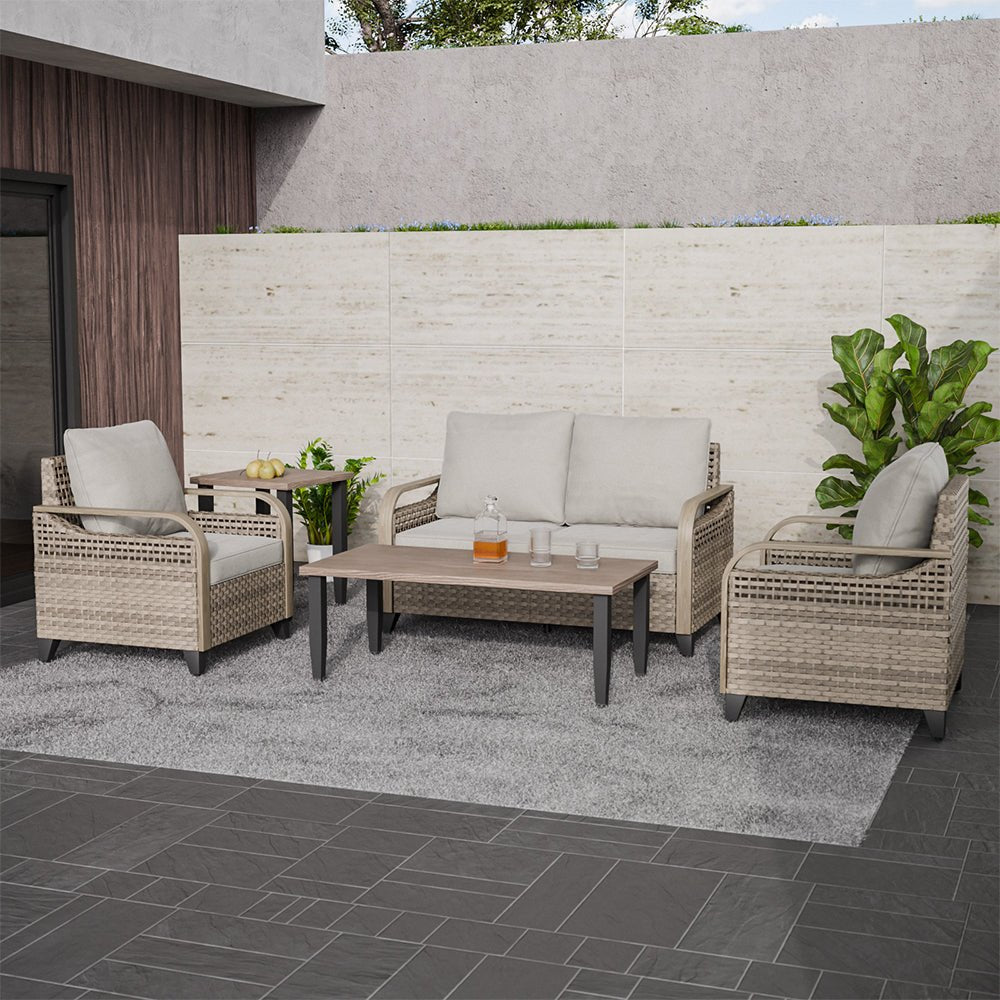 EAGLE PEAK 5 Piece Wicker Outdoor Patio Furniture Set, Patio Set with 2 Patio Chairs, 2 Seat Loveseat Sofa, Coffee Table and Side Table, Brown/Gray - Eagle Peak Canopy and Outdoor Products