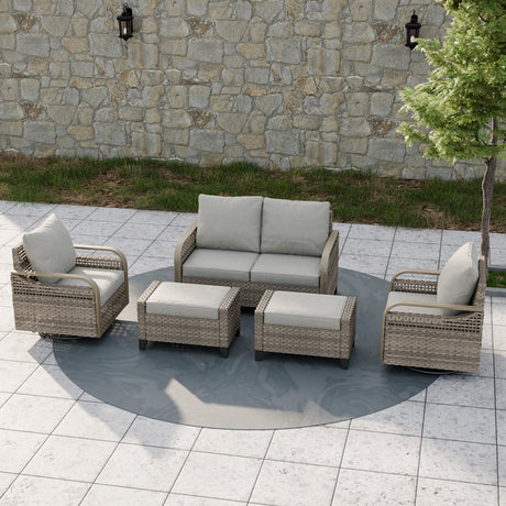 EAGLE PEAK 5 Piece Wicker Outdoor Patio Furniture Set, Patio Set with 2 Swivel Rocking Chairs, 2 Seat Loveseat Sofa, and 2 Ottomans, Brown/Gray - Eagle Peak Canopy and Outdoor Products