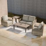 EAGLE PEAK 5 Piece Wicker Outdoor Patio Furniture Set, Patio Set with 2 Swivel Rocking Chairs, 2 Seat Loveseat Sofa, Coffee Table, and Side Table, Brown/Gray - Eagle Peak Canopy and Outdoor Products