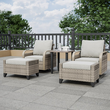 EAGLE PEAK 5 Piece Wicker Outdoor Patio Furniture Set, Patio Set with 2 Swivel Rocking Chairs, Side Table, and 2 Ottomans, Brown/Gray - Eagle Peak Canopy and Outdoor Products