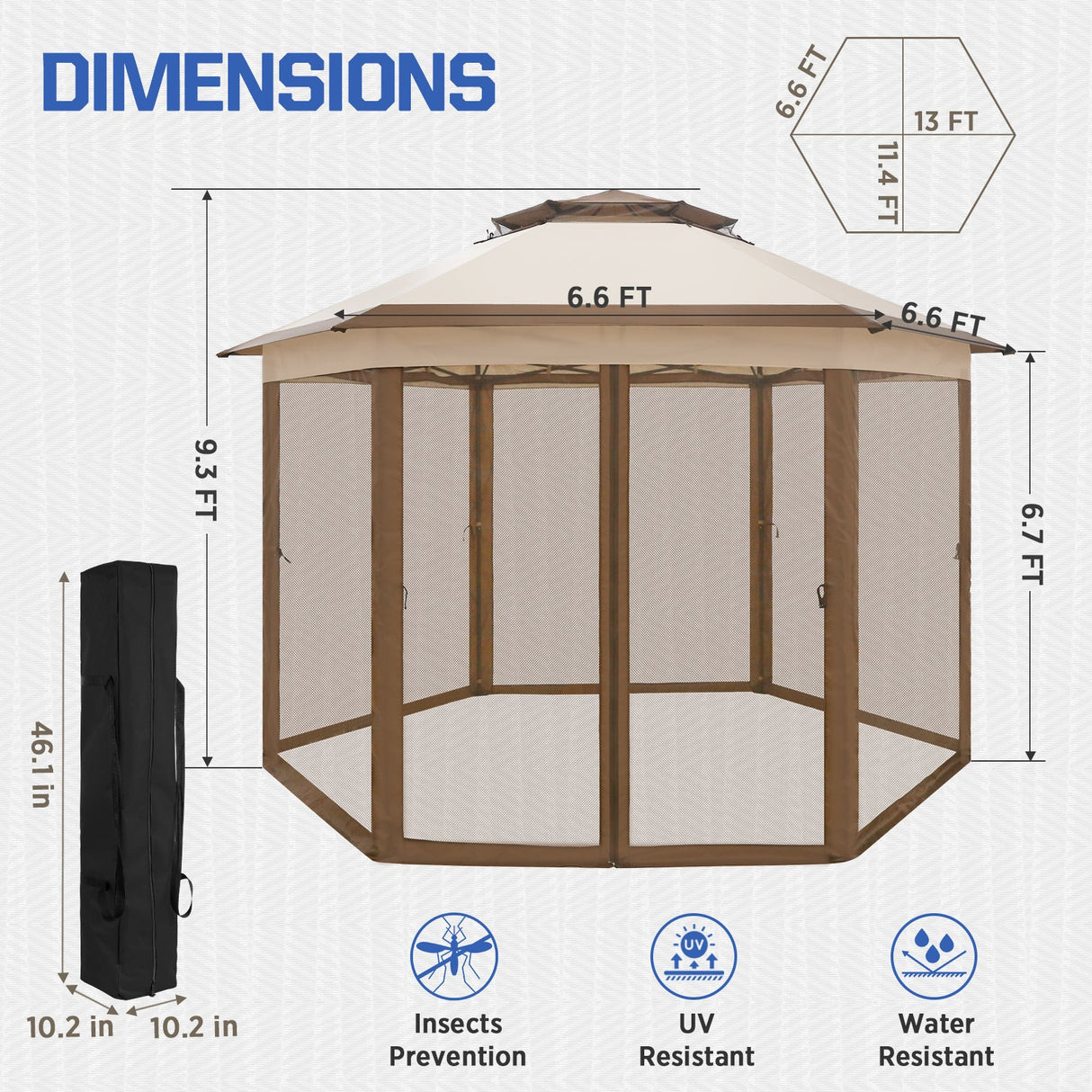 EAGLE PEAK 6 - Sided Pop Up Gazebo w/Mosquito Netting, 13x13 Double - Tier Hexagonal Outdoor Canopy Tent for Patio, Garden, Party, Backyard, Beige - Eagle Peak Canopy and Outdoor Products