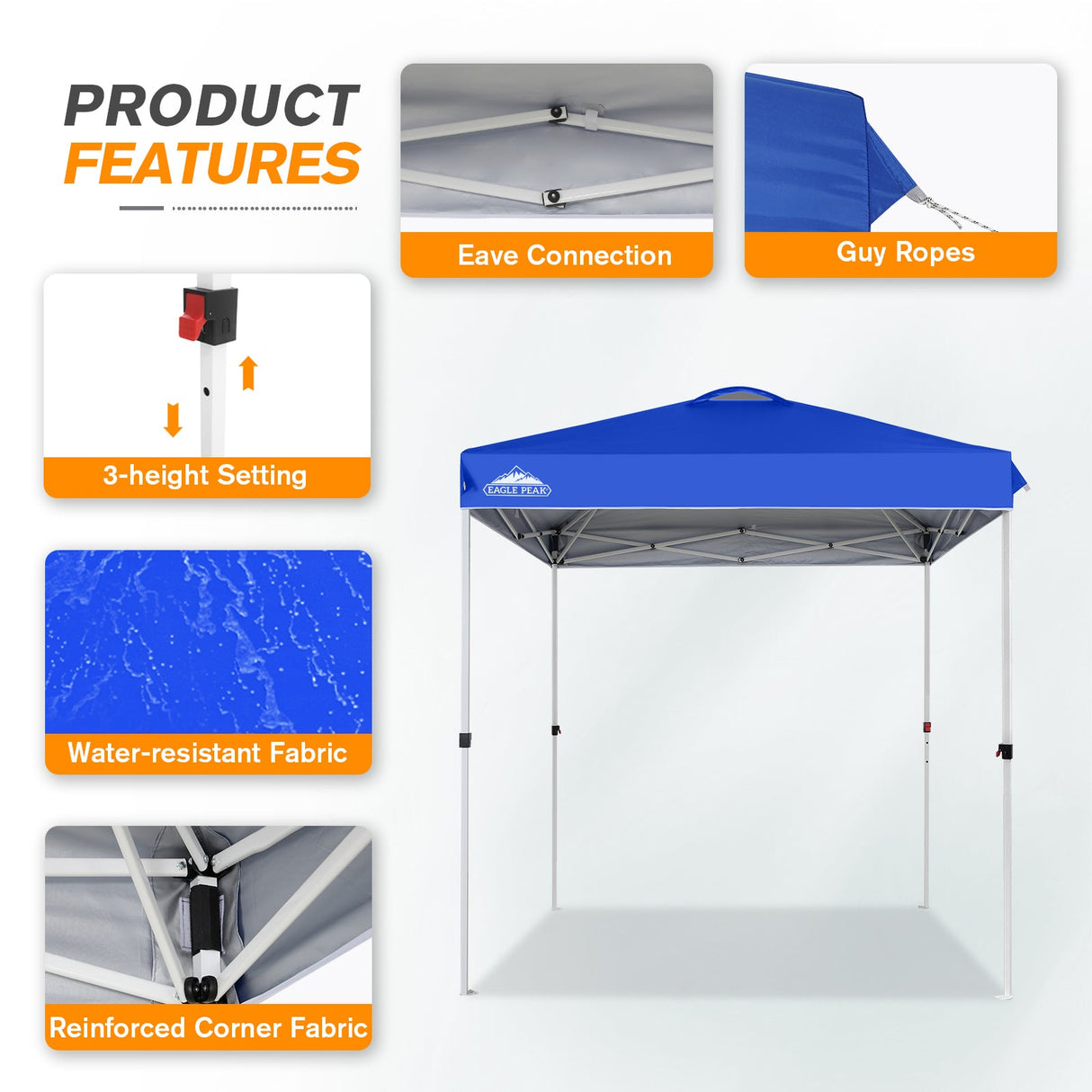 EAGLE PEAK 6.6x6.6 Pop Up Canopy Tent Instant Outdoor Canopy Easy Set - up Straight Leg Folding Shelter with Wheeled Bag, 8 Stakes and 4 Ropes, Blue/White - Eagle Peak Canopy and Outdoor Products