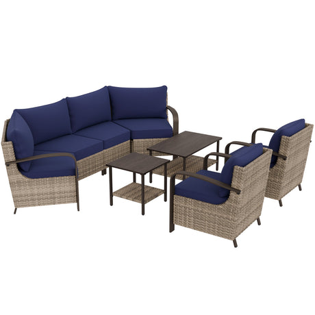 EAGLE PEAK Coastal Vista Outdoor Patio Furniture Set with Curved Sectional Sofas, Coffee and Side Tables, Patio Chairs, Seats 6, Beige - Eagle Peak Canopy and Outdoor Products