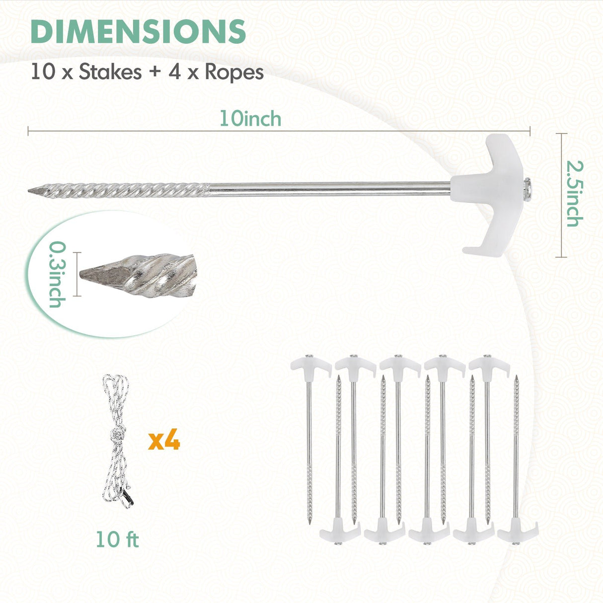 EAGLE PEAK Heavy Duty Galvanized Non - Rust Camping Tent Stakes with 4x10ft Ropes, Steel Stake Pegs for Canopy Gazebo,10pc - Pack, Fluorescent White - Eagle Peak Canopy and Outdoor Products