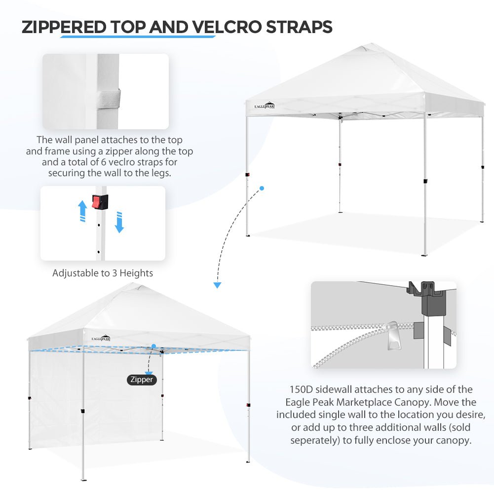 EAGLE PEAK MP100 10x10 Professional Commercial Pop Up Canopy Tent Instant MarketPlace Outdoor Canopy Easy Set - up Folding Shelter w/Zipper Attach Sunwall and 100 Sq Ft of Shade (White) - Eagle Peak Canopy and Outdoor Products