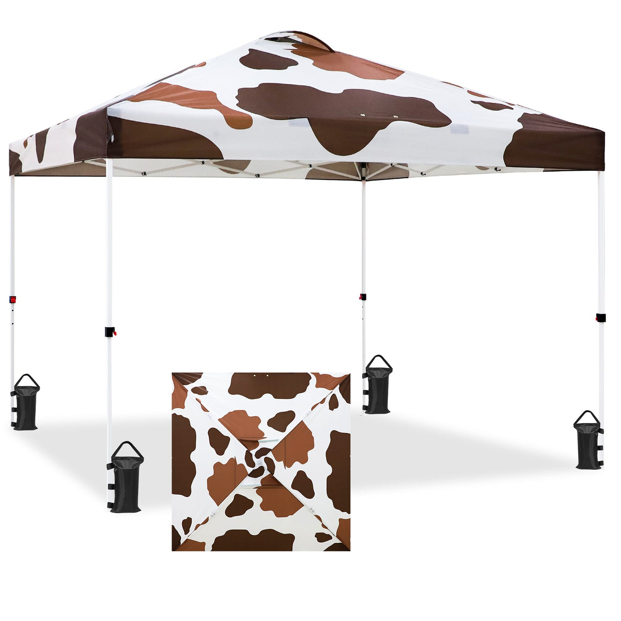 EAGLE PEAK Pop Up Canopy Tent with Wheeled Carry Bag, 8 Stakes, 4 Ropes, 4 Weight Bags, 10x10 ft, 100sqft of Shade, Brown Cow Print - Eagle Peak Canopy and Outdoor Products