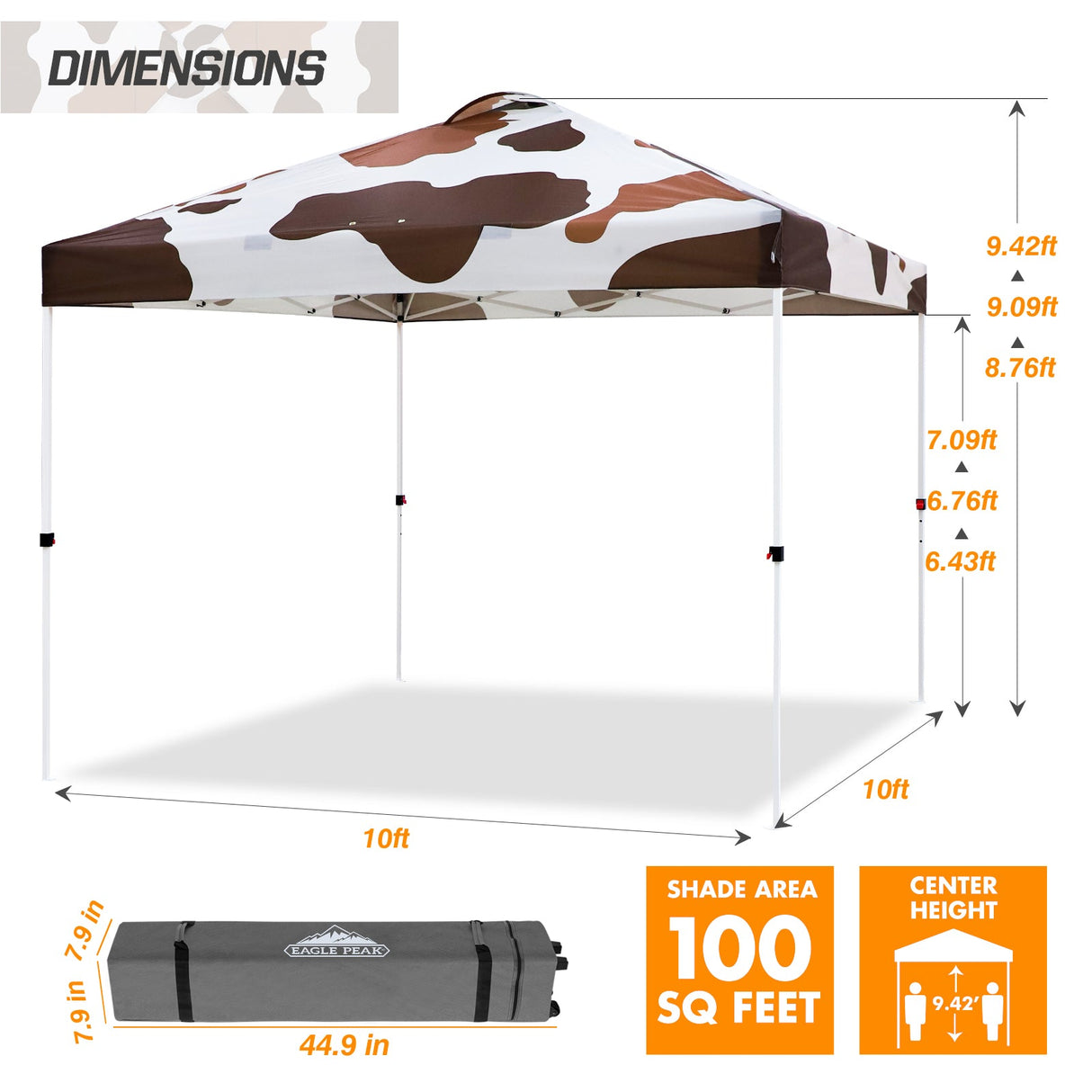 EAGLE PEAK Pop Up Canopy Tent with Wheeled Carry Bag, 8 Stakes, 4 Ropes, 4 Weight Bags, 10x10 ft, 100sqft of Shade, Brown Cow Print - Eagle Peak Canopy and Outdoor Products